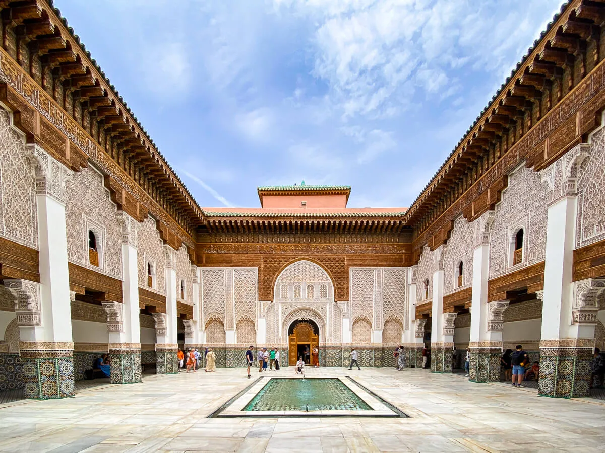 Ben Youssef Madrasa carved courtyard in Marrakech